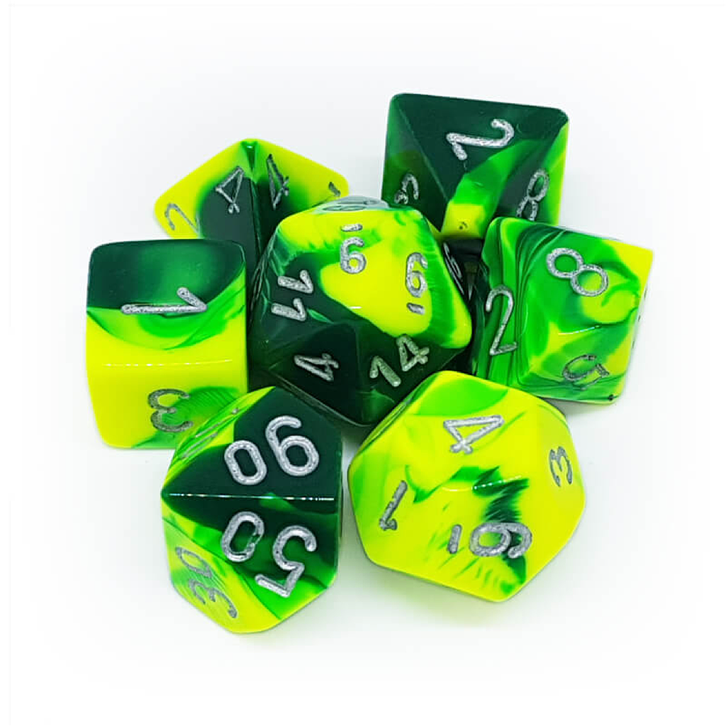Chessex Gemini: Polyhedral Blue Steel Green Yellow/ Silver 7 Die Set